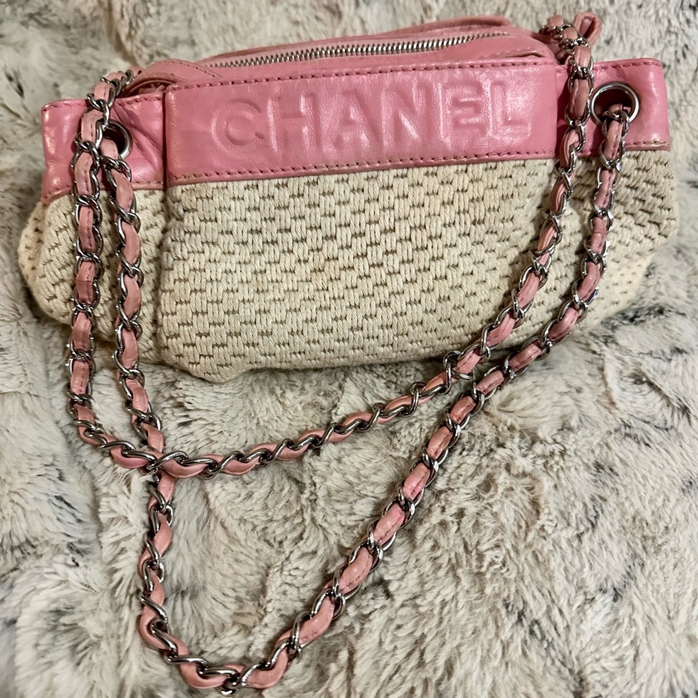 Vintage Chanel LAX accordion bag crochet cream/pink